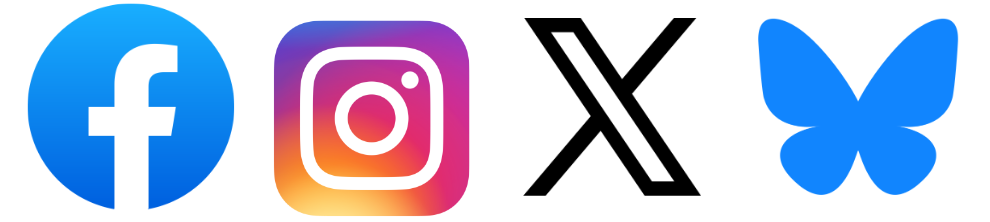 Logos for Facebook, Instagram, Twitter (X), and Bluesky