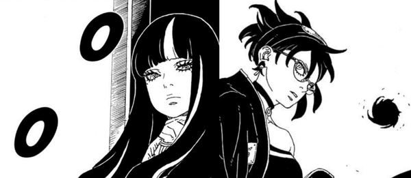 Split image of Eida with her moon eyes and Sarada with her sunburst MS, both looking down.